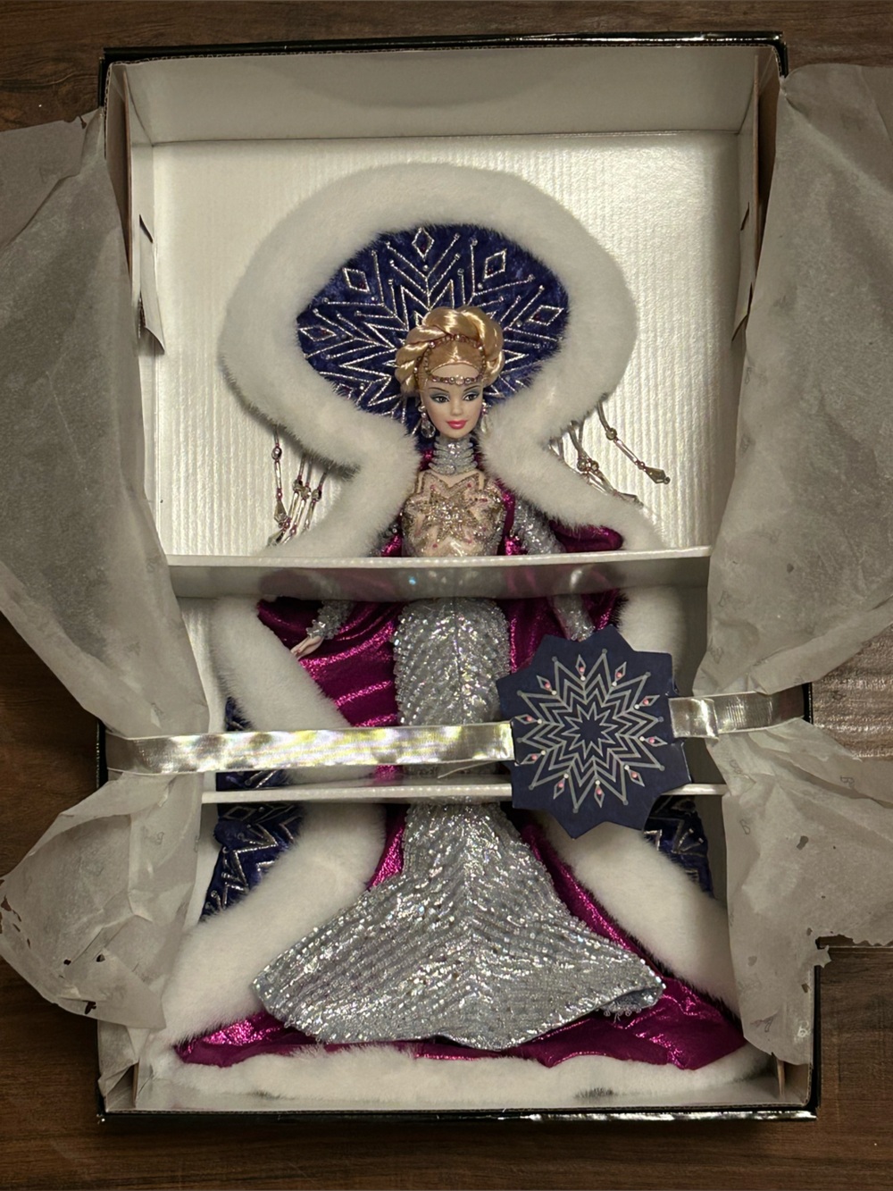 “Fantasy Goddess Of The Arctic” porcelain Barbie, Silver/Fuchsia/beaded gown.